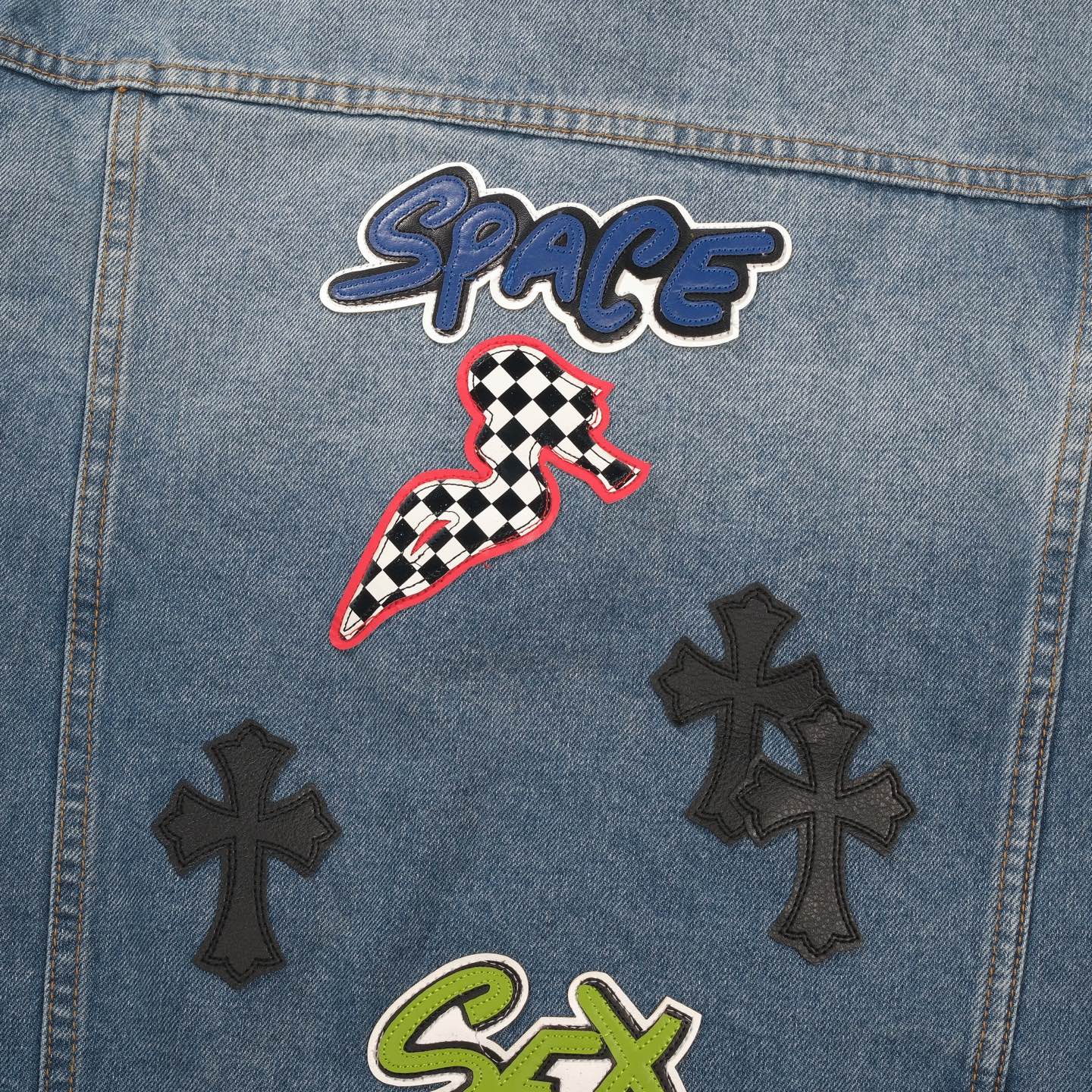 Chrome Hearts Patchwork Denim Jacket - Vintage Blue Gothic Street Jacket 0789